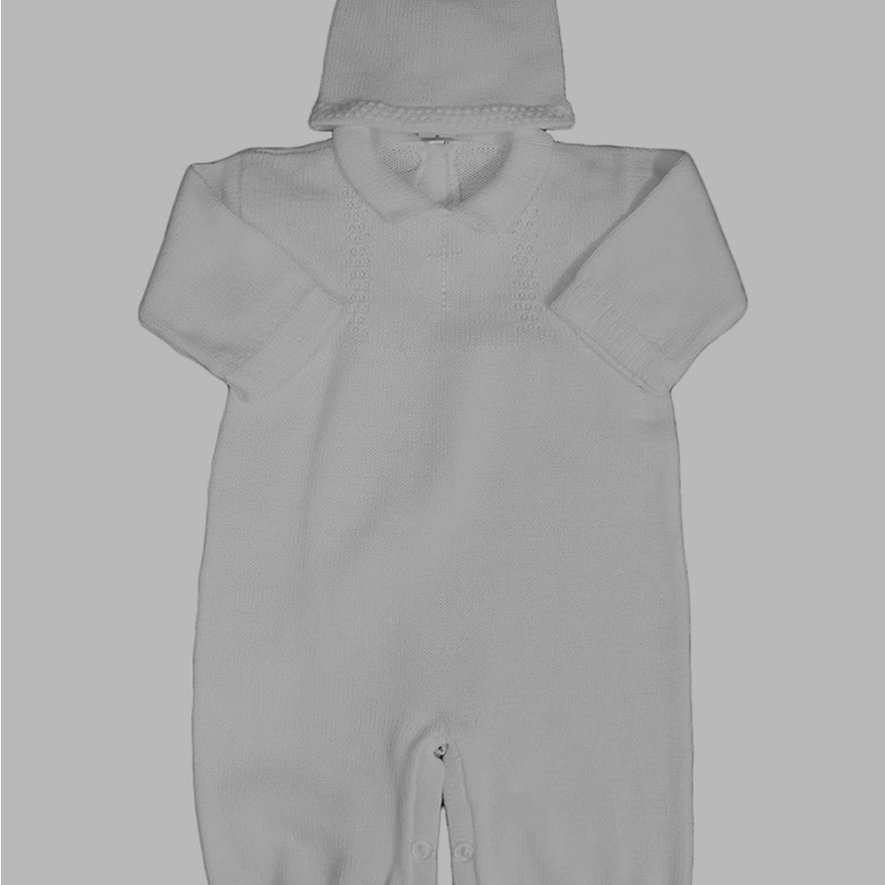 White Knit Christening Romper with Hat